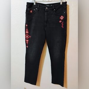 Lauren Ralph Lauren Size 12 Black Skinny Jeans with Red Aztec Embroidery